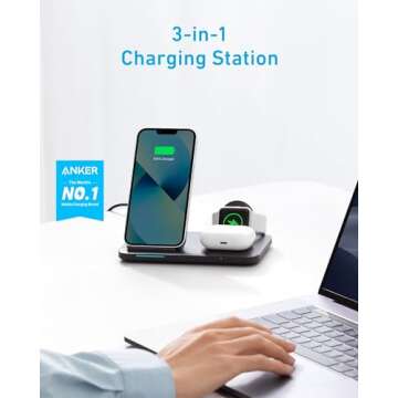 Anker Foldable 3-in-1 Wireless Charging Station with Adapter, 335 Wireless Charger, for iPhone 15/14, AirPods Pro, Apple Watch Series 1-6 (Works with Original 1m/3.3ft USB-A Cable, Not Included)