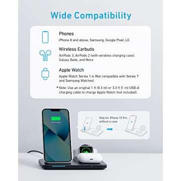 Anker Foldable 3-in-1 Wireless Charging Station with Adapter, 335 Wireless Charger, for iPhone 15/14, AirPods Pro, Apple Watch Series 1-6 (Works with Original 1m/3.3ft USB-A Cable, Not Included)