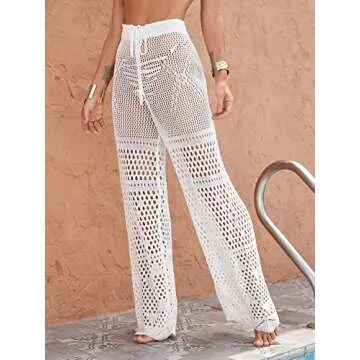 MakeMeChic Women's Cover Up Pants Drawstring Crochet Knitted Sheer Beach Cover Up Pants Swimwear A White M