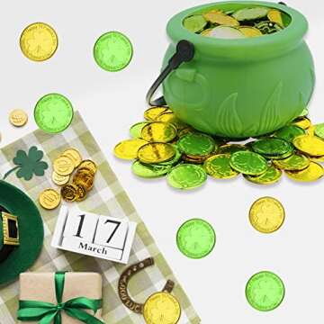5" St Patricks Day Pot of Gold Decorations with 100 Lucky Coins - Green Pot of Gold Cauldron Plastic...