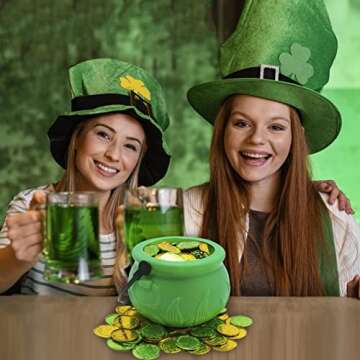 5" St Patricks Day Pot of Gold Decorations with 100 Lucky Coins - Green Pot of Gold Cauldron Plastic Bucket for Leprechaun Decorations, Green & Gold Coins Plastic by 4E's Novelty