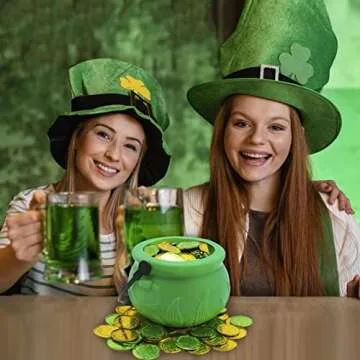 5" St Patricks Day Pot of Gold Decorations with 100 Lucky Coins - Green Pot of Gold Cauldron Plastic Bucket for Leprechaun Decorations, Green & Gold Coins Plastic by 4E's Novelty