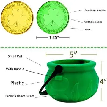 5" St Patricks Day Pot of Gold Decorations with 100 Lucky Coins - Green Pot of Gold Cauldron Plastic Bucket for Leprechaun Decorations, Green & Gold Coins Plastic by 4E's Novelty