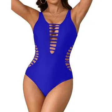Aqua Eve Women Sexy One Piece Swimsuits Plunge Deep V Neck Cutout Bathing Suits Blue X-Large