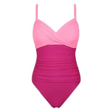 Hilor Women's Underwire 1 Piece Swimsuit Ruched Tummy Control Swimwear Front Twist Bathing Suit Hot Pink Gradient 10