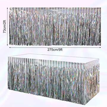 8 Pack Iridescent Table Skirt, Metallic Foil Fringe Tinsel Table Skirts for Rectangle Tables, Dispos...