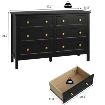 CARPETNAL Black Dresser for Bedroom, 6 Drawer Dresser with Wide Drawer and Metal Handles, Wood Dressers & Chests of Drawers for Hallway, Entryway.