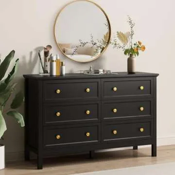 CARPETNAL Black Dresser for Bedroom, 6 Drawer Dresser with Wide Drawer and Metal Handles, Wood Dressers & Chests of Drawers for Hallway, Entryway.