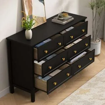 CARPETNAL Black Dresser for Bedroom, 6 Drawer Dresser with Wide Drawer and Metal Handles, Wood Dressers & Chests of Drawers for Hallway, Entryway.
