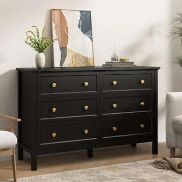 CARPETNAL Black Dresser for Bedroom, 6 Drawer Dresser with Wide Drawer and Metal Handles, Wood Dressers & Chests of Drawers for Hallway, Entryway.