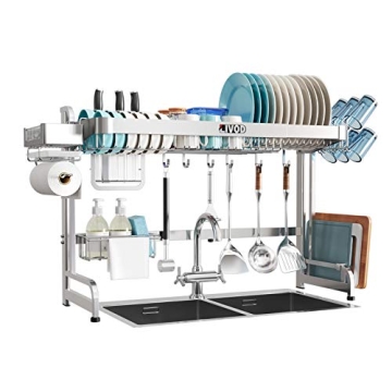 LIVOD Over Sink Dish Drying Rack, 2 Tier Full Stainless Steel Adjustable Design for Space Saving