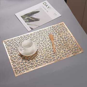 Eiyye Metallic Vinyl Recttangle Placemats Slip Heat Resistant Laminated Plastic Morden Dining Table, Textured Shimmer Scratch Proof Table Mats Kitchen Home Decor 4-Pieces, 12x18 inch (Gold)