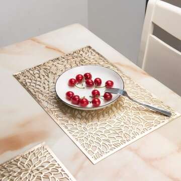 Eiyye Metallic Vinyl Recttangle Placemats Slip Heat Resistant Laminated Plastic Morden Dining Table, Textured Shimmer Scratch Proof Table Mats Kitchen Home Decor 4-Pieces, 12x18 inch (Gold)