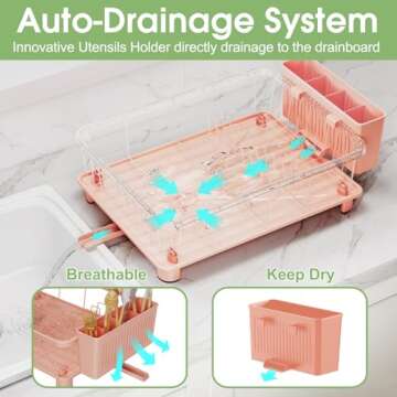 Hiviweer Pink Dish Drying Rack - Space-Saving Dish Rack,Dish Racks for Kitchen Counter with Drainboa...