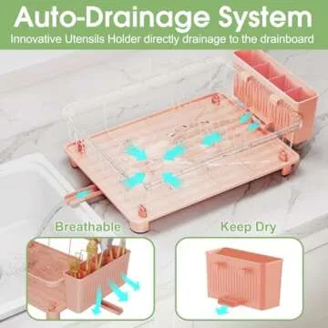 Hiviweer Pink Dish Drying Rack - Space-Saving Dish Rack,Dish Racks for Kitchen Counter with Drainboa...