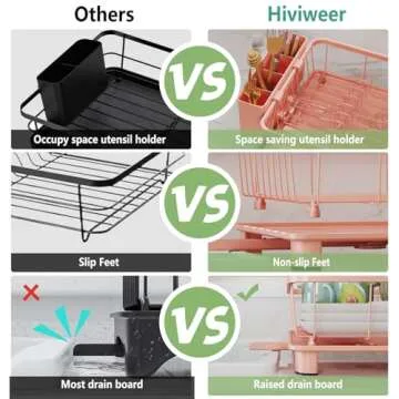 Hiviweer Pink Dish Drying Rack - Space-Saving Dish Rack,Dish Racks for Kitchen Counter with Drainboard, Birthday Christmas Day Mothers Day Thanksgiving Gifts for Mom Grandma Wife Kitchen Enthusiasts