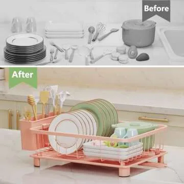 Hiviweer Pink Dish Drying Rack - Space-Saving Dish Rack,Dish Racks for Kitchen Counter with Drainboard, Birthday Christmas Day Mothers Day Thanksgiving Gifts for Mom Grandma Wife Kitchen Enthusiasts