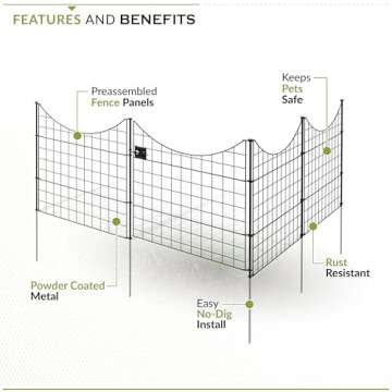 No Dig Black Metal Fence for Dogs and Gardens - Durable, Easy Install