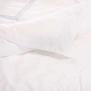 Dornick Decor 700 Thread Count 100% Cotton Sateen Hotel Stitch Duvet Cover Set King White with Light Blue Embroidery