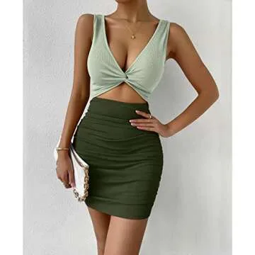 Verdusa Women's Colorblock Twist Cut Out Plunging Neck Sleeveless Bodycon Mini Dress Army Green L