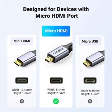 UGREEN 4K Micro HDMI to HDMI Cable 10FT, Aluminum Shell Braided 18Gbps 4K 60Hz HDR 3D ARC Compatible...