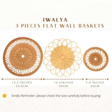IWALYA 3 Pieces Flat Woven Baskets Great for Boho Rattan Wall Decor- 7.9"-13.4" Decorative Hanging Wall Basket Set 100% Handmade and Eco Friendly