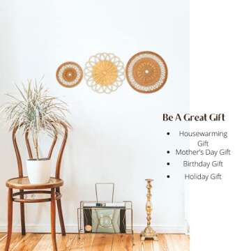 IWALYA 3 Pieces Flat Woven Baskets Great for Boho Rattan Wall Decor- 7.9"-13.4" Decorative Hanging Wall Basket Set 100% Handmade and Eco Friendly