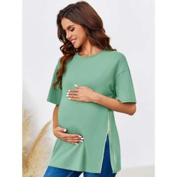 Womens Maternity Tops Casual Summer Zipper Split Side Pregnancy Basic Blouses Dressy 2024 Light Green XL
