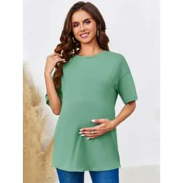 Womens Maternity Tops Casual Summer Zipper Split Side Pregnancy Basic Blouses Dressy 2024 Light Green XL