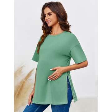 Womens Maternity Tops Casual Summer Zipper Split Side Pregnancy Basic Blouses Dressy 2024 Light Green XL