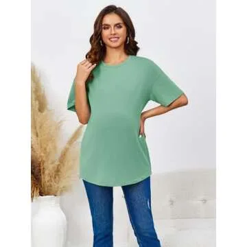 Womens Maternity Tops Casual Summer Zipper Split Side Pregnancy Basic Blouses Dressy 2024 Light Green XL