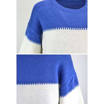 Angashion Women's Sweaters Casual Long Sleeve Crewneck Color Block Patchwork Pullover Knit Sweater Tops Blue S