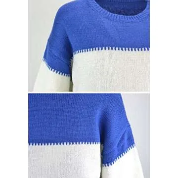 Angashion Women's Sweaters Casual Long Sleeve Crewneck Color Block Patchwork Pullover Knit Sweater Tops Blue S