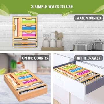 SERHINA Storage Bag Organizer for Kitchen Drawer - Foil and Plastic Wrap Organizer with Cutter - Plastic Bag Organizer - Food Baggie Storage for Sandwich Snack Gallon Quart