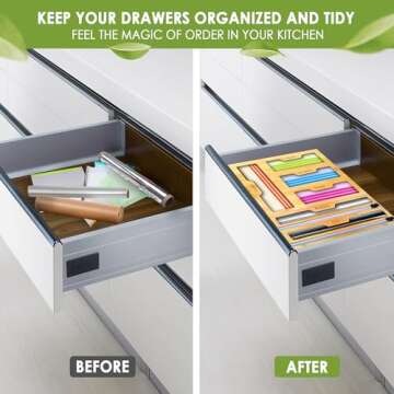 SERHINA Storage Bag Organizer for Kitchen Drawer - Foil and Plastic Wrap Organizer with Cutter - Plastic Bag Organizer - Food Baggie Storage for Sandwich Snack Gallon Quart