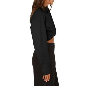 Tankaneo Womens Sexy Deep V Neck Crop Tops Twist Front Long Sleeve Shirts Casual Solid Wrap Blouse Black