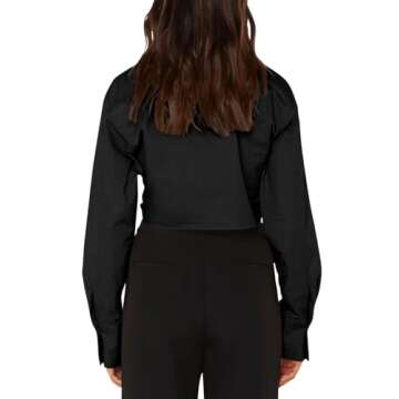 Tankaneo Womens Sexy Deep V Neck Crop Tops Twist Front Long Sleeve Shirts Casual Solid Wrap Blouse Black