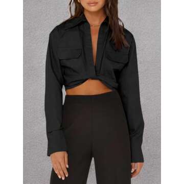 Tankaneo Womens Sexy Deep V Neck Crop Tops Twist Front Long Sleeve Shirts Casual Solid Wrap Blouse Black