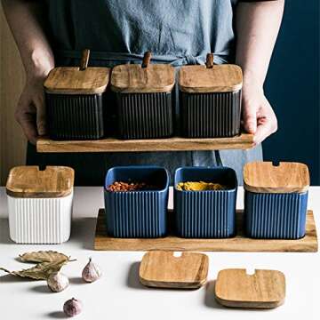 BIHOIB Black Porcelain Sugar Bowl Condiment Pot Salt Container with Wooden Lid, Spoon and Tray, Modern Spice Box Seasoning Jar, Set of 3