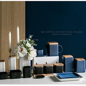 BIHOIB Black Porcelain Sugar Bowl Condiment Pot Salt Container with Wooden Lid, Spoon and Tray, Modern Spice Box Seasoning Jar, Set of 3