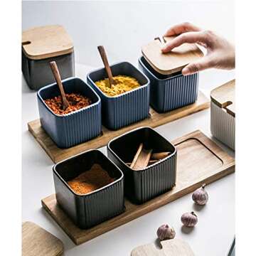 BIHOIB Black Porcelain Sugar Bowl Condiment Pot Salt Container with Wooden Lid, Spoon and Tray, Modern Spice Box Seasoning Jar, Set of 3