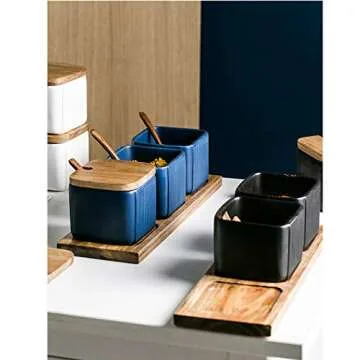 BIHOIB Black Porcelain Sugar Bowl Condiment Pot Salt Container with Wooden Lid, Spoon and Tray, Modern Spice Box Seasoning Jar, Set of 3