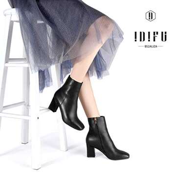 IDIFU Women's Aliza Fashion Square Toe Short Boots Side Zipper Low Block Heel Ankle Booties(Black Pu...