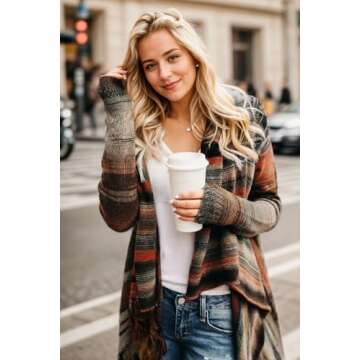 GOLDSTITCH Women's Open Front Knited Loose Crew Neck Fringe Sweater Outwear Beige XXL