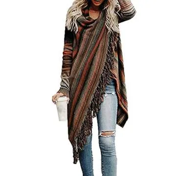 GOLDSTITCH Women's Open Front Knited Loose Crew Neck Fringe Sweater Outwear Beige XXL