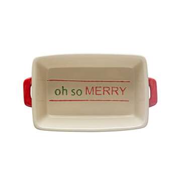 Creative Co-Op 12" L x 6-3/4"W x 3" H 2 Quart Hand-Painted Stoneware Baker w/Handles Oh So Merry, Red & Green