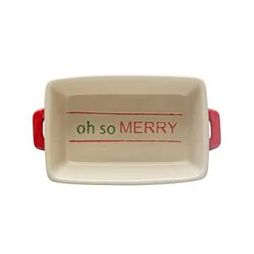 Creative Co-Op 12" L x 6-3/4"W x 3" H 2 Quart Hand-Painted Stoneware Baker w/Handles Oh So Merry, Red & Green