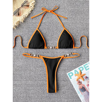 TASHEHE Women's Sexy Triangle Thong Bikini Set - Black Small