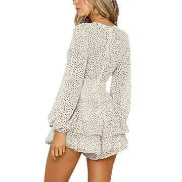 AIMCOO Women's Long Bubble Sleeve Polka Dot Romper Floral Print V-Neck Jumpsuit Layer Ruffle Hem Casual Rompers for Summer (White, x_l)