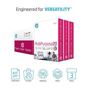 HP Printer Paper | 8.5 x 11 Paper | MultiPurpose 20 lb | 3 Ream Case - 1500 Sheets | 96 Bright | Mad...